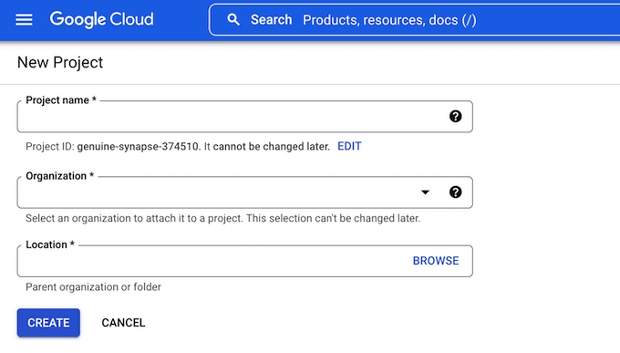 Entering the information for a new Google Drive project