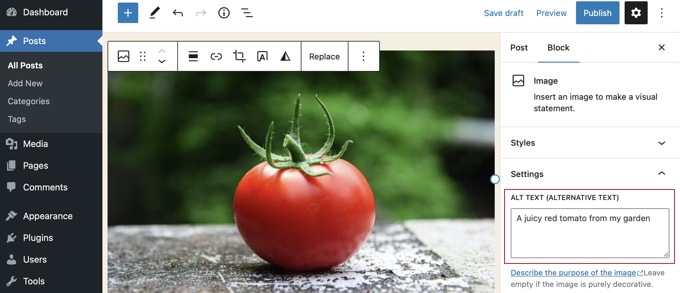 Adding alt text to an image in the WordPress block editor