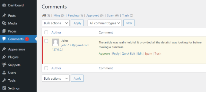 Comments section in WordPress