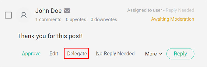 Clicking the 'Delegate' button on a comment using the Thrive Comments plugin
