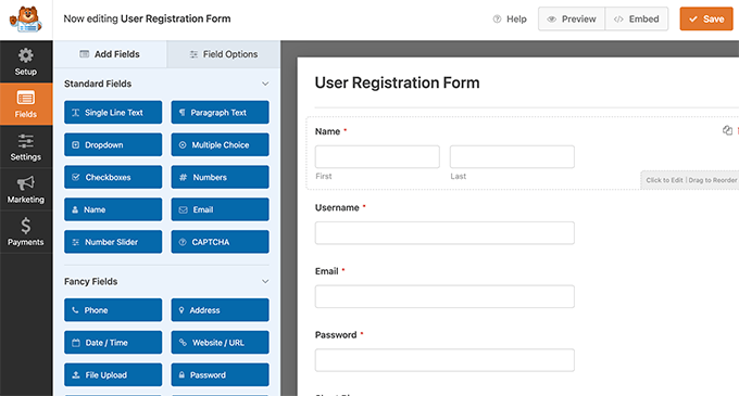 Edit user registration form