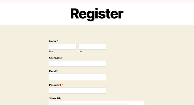 User registration page preview