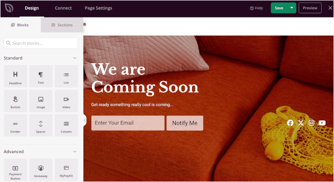 Editing a Coming Soon template in SeedProd