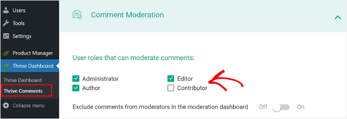Selecting user roles to moderate comments using the Thrive Comments Comment Moderation settings