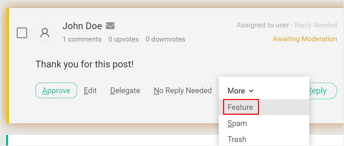 Clicking the 'Feature' option in the Thrive Comments plugin