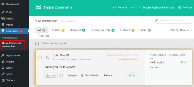 Opening the Thrive Comments Moderation page on WordPress
