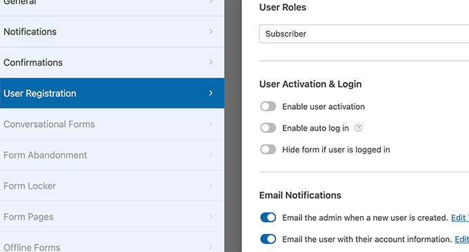 user activation options