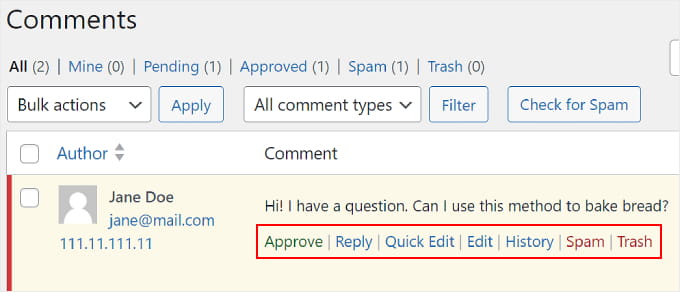 The WordPress comment action links