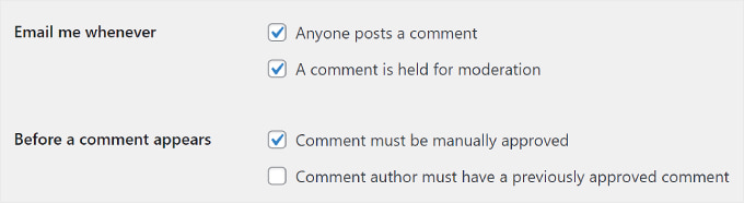 The WordPress comment 'Email me whenever' and 'Before a comment appears' settings