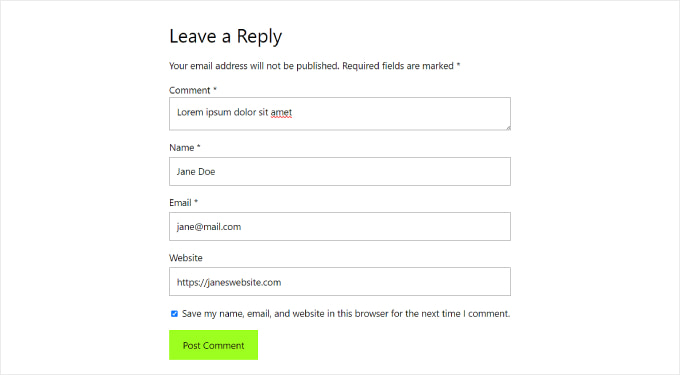 WordPress comment form example