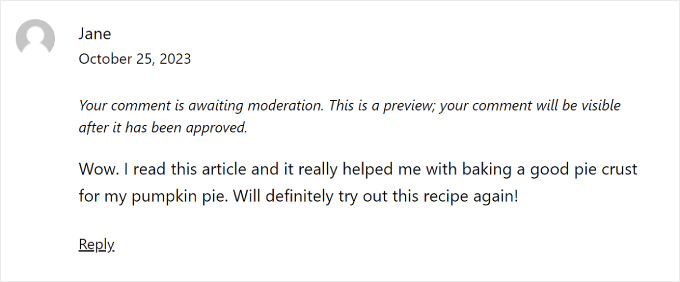 What a comment awaiting moderation looks like on a WordPress website