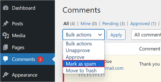 Marking multiple comments as spam using the Bulk action option in WordPress