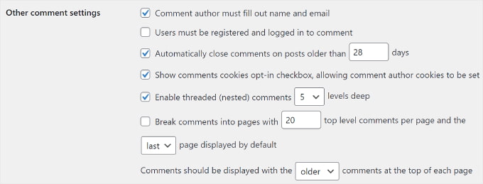 WordPress' Other comment settings