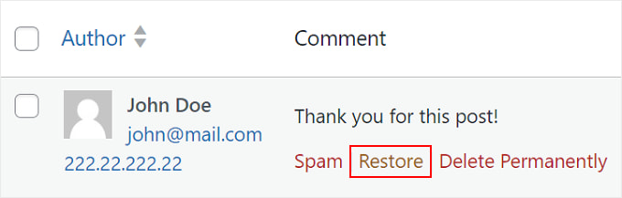 Restoring a WordPress comment from Trash
