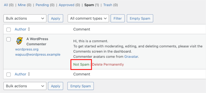 Marking a comment as Not Spam on WordPress Marking a comment as Not Spam on WordPress
