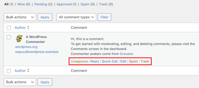 The WordPress comment action links The WordPress comment action links