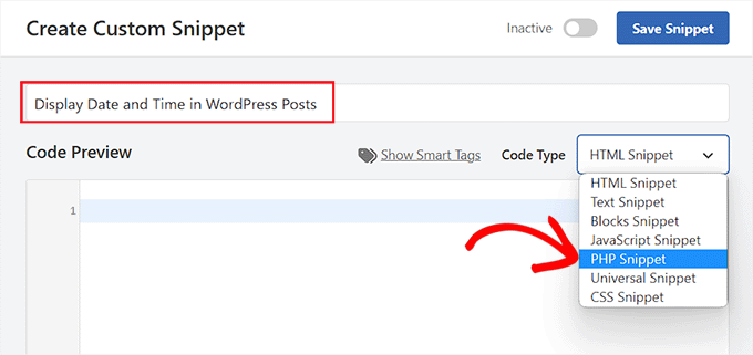 Choose PHP Snippet option for the displaying time next to dates in post snippet