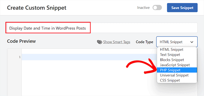 Escolha a opção PHP Snippet para exibir a hora ao lado das datas no snippet do post