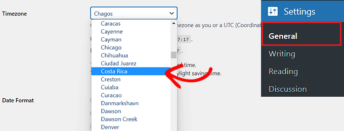 Choose timezone from the dropdown menu