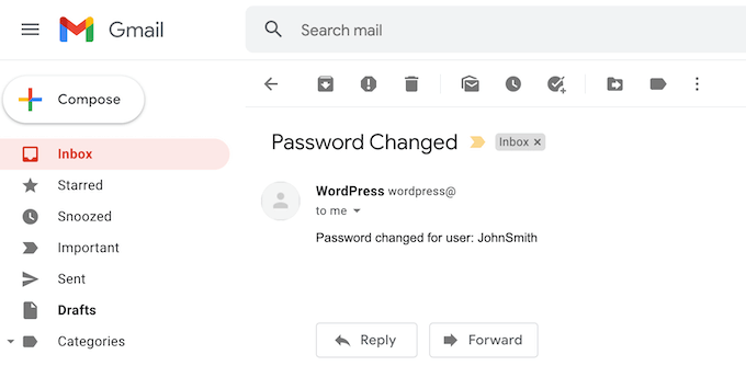 The WordPress password reset email
