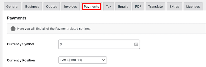 Configure payment settings tab