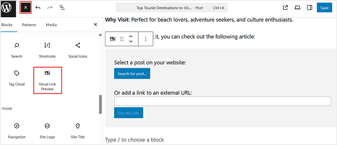 Adăugați blocul de previzualizare a linkului vizual în editorul de conținut