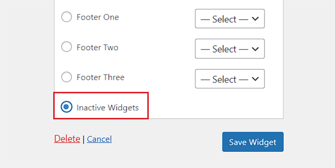 Choose inactive widgets option