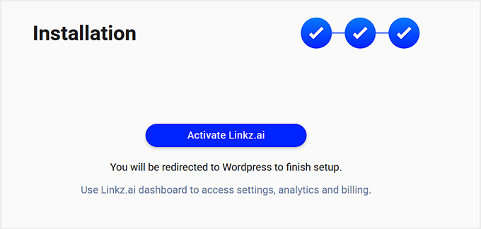 Faceți clic pe butonul Activare Linkz.ai