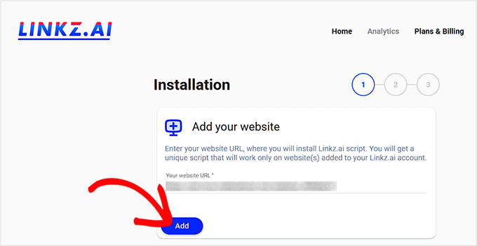 Faceți clic pe Adăugare pentru a conecta site-ul dvs. web cu Linkz.ai
