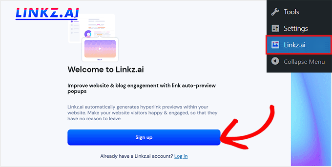 Faceți clic pe Înregistrare pentru a crea un cont Linkz.ai