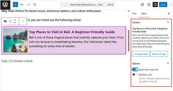 Editați cardul de previzualizare a linkului vizual din panoul de blocuri