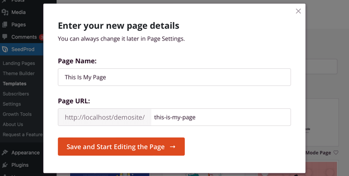 Enter a Name and URL for the New Page