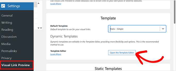 Deschideți editorul de șabloane în Visual Link Preview