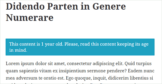 Outdated content message displayed on a WordPress post