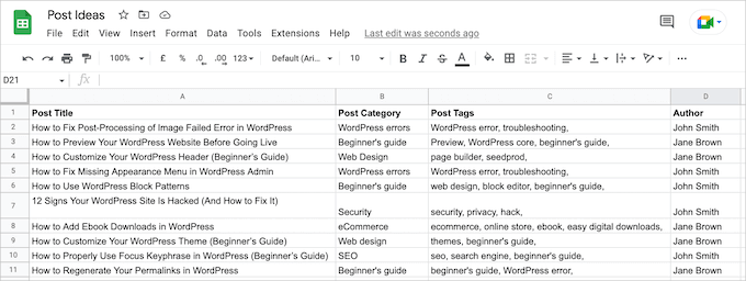 Kalkylblad med inläggsidéer
