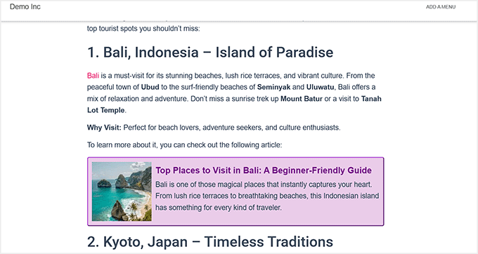 Previzualizare a cardului de link vizual în acțiune