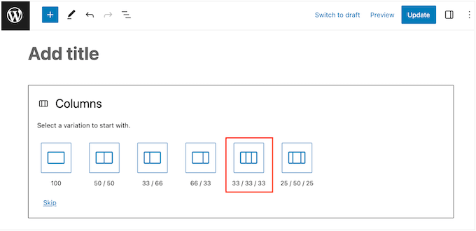 Choosing from multiple column layouts in a WordPress blog or website