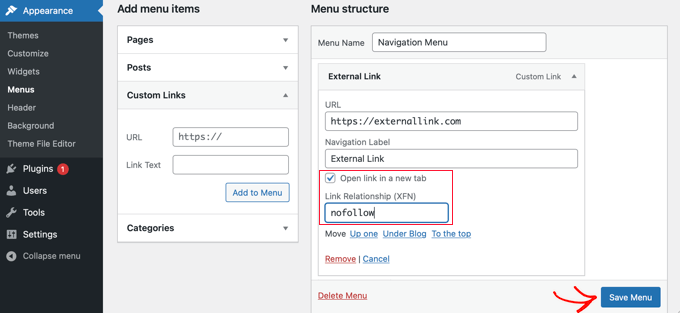 Type nofollow in Link Relationship