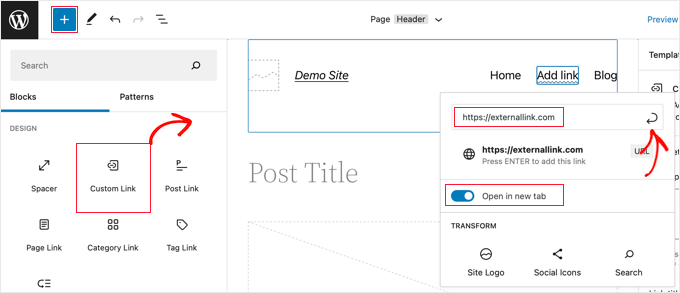 Drag a Custom Link Block Onto the Navigation Menu