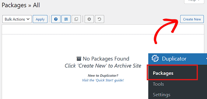 Create a new backup by clicking the Create New button