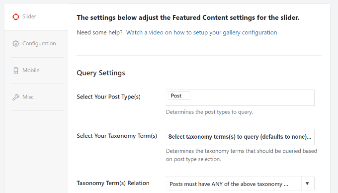 Edit featured content slider settings