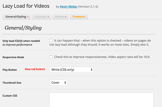 Page de paramètres pour le chargement paresseux du plugin WordPress pour les vidéos