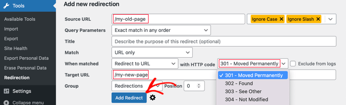 Add New Redirection to Your Website