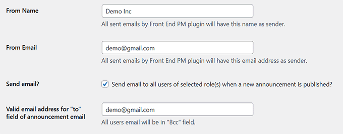 Add the email address which will be used to send emails in Front End PM Add the email address which will be used to send emails in Front End PM