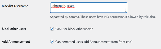 Blacklist usernames in Front End PM Blacklist usernames in Front End PM