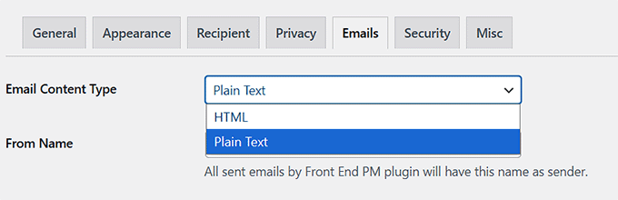 Choose email content type in Front End PM Choose email content type in Front End PM