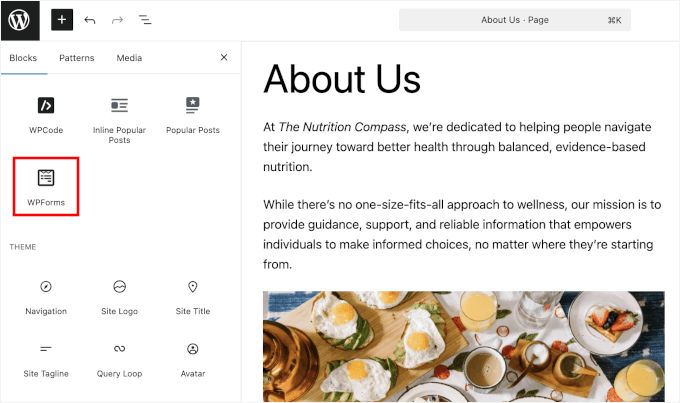 Aggiunta del blocco WPForms