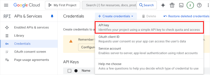 Creazione della chiave API