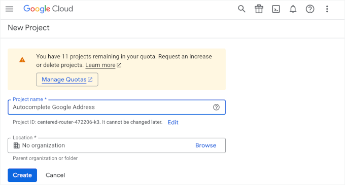 Denominazione del nuovo progetto in Google Cloud Console