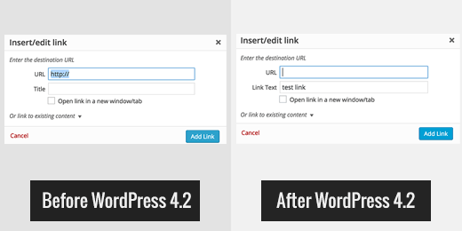 In WordPress 4.2 Link title field is replaced by link text